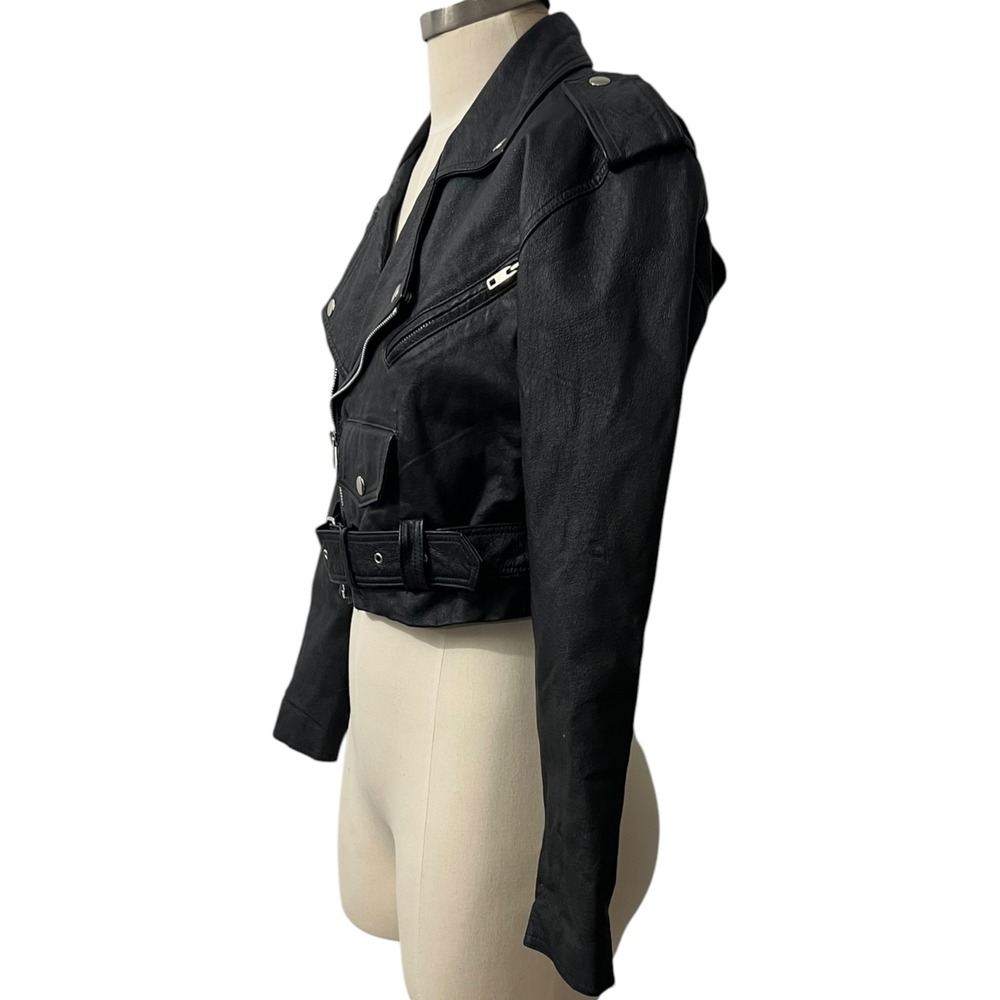 WILSONS BLACK LEATHER CROPPED MOTO JACKET BELTED XS - Picture 4 of 10